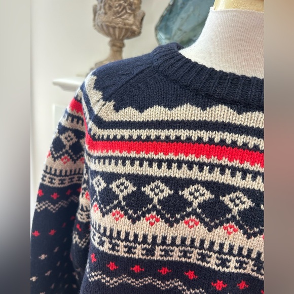 J. Crew Men's Navy and Red Fair Isle Lambs Wool Sweater - Picture 6 of 13